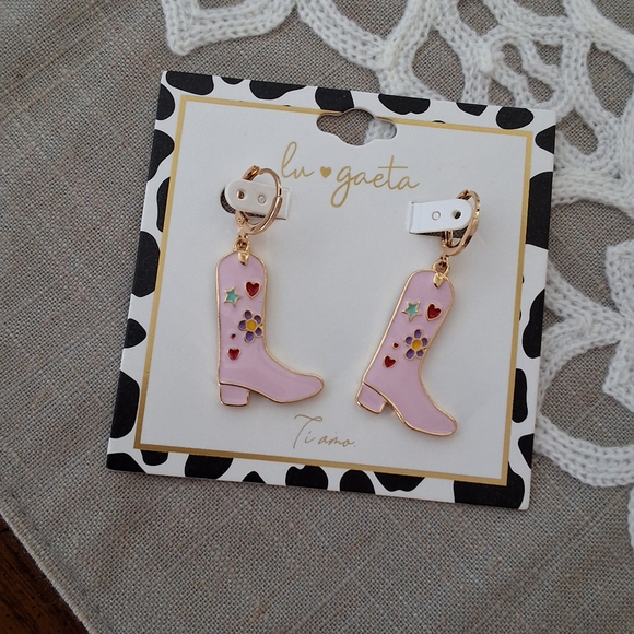 💥SALE💥LU Gaeta, Pink & Gold Decorated Cowgirl Boot Earrings NEW - Picture 4 of 4